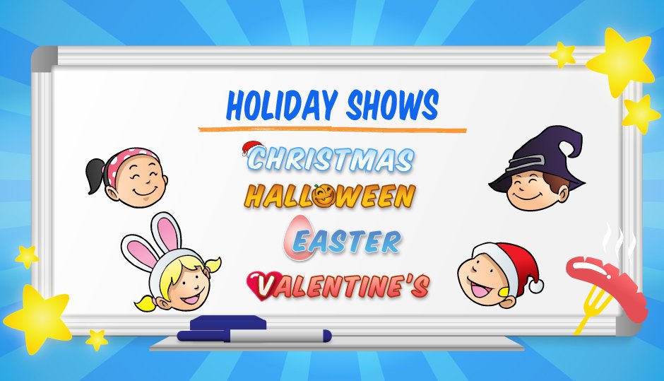 Clownatec corporate magic shows holiday themes: Christmas, Valentine, Easter and Halloween