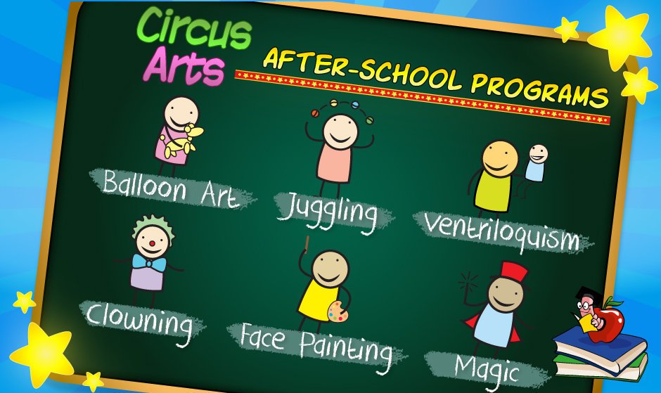 clownatec after school programs: balloon art, juggling, ventriloquism, clowning, face painting and magic