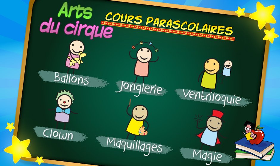 clownatec ecole cours parascolaires: ballons, maquillages, jonglerie, ventriloquie, magie, clown